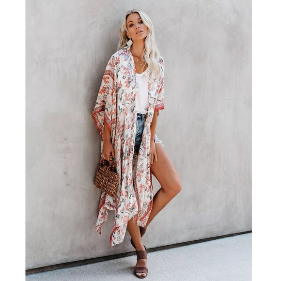 Picnic Date Tangerine & Sage Floral Kimono Top - Picture 7 of 15